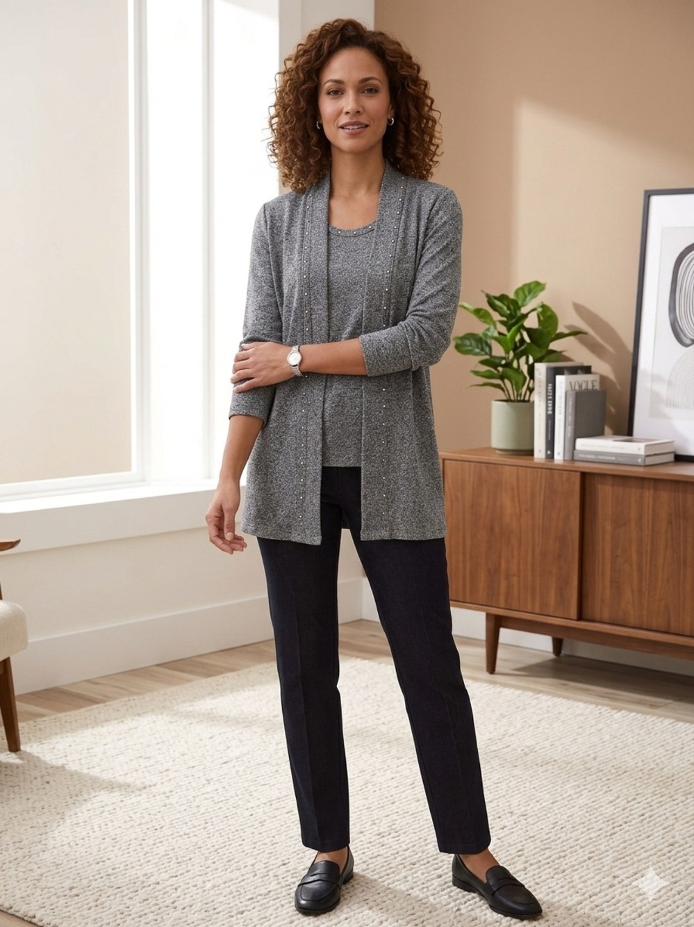 Rafaella Grey Marled 2-Piece Cardigan & Sleeveless Top Set - Size L